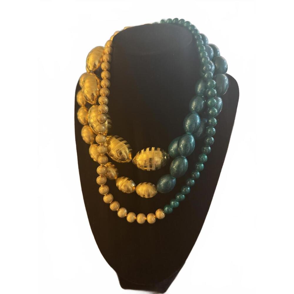 Jay Feinberg Metalic Green and Gold Bead 3 Strand Necklace